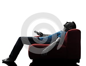 Man sofa couch remote control sleeping watching tv