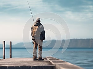 Man in solitude fishing on a wooden pier, overlooking a calm lake during twilight.