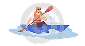 Man in solo canoe rowing with paddle on water. Person in helmet and life vest riding boat with oar on river. Extreme