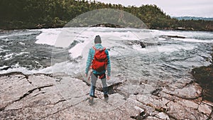 Man solo traveling hiking with backpack active adventure lifestyle