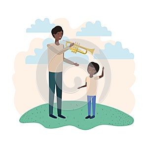 Man with son and trumpet avatar character