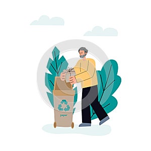 Man sorting paper waste in trash container, sketch vector illustration isolated.