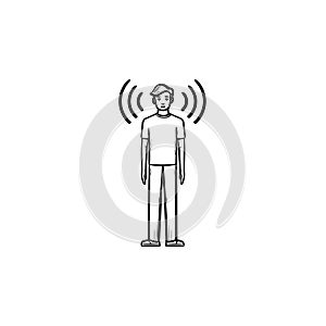 A man with soundwaves around hand drawn outline doodle icon.