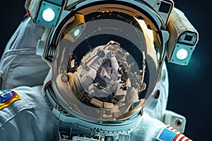 A man in a space suit captures a moment in outer space as he holds a camera during a spacewalk, A detailed image of a gold-plated photo