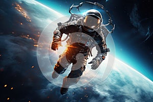 A man in a space suit floating weightlessly in the air, surrounded by darkness, An astronaut floating towards a futuristic space