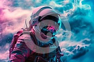 Man in space suit inside softy glowing pink and blue galaxy. Surreal background. Generative AI