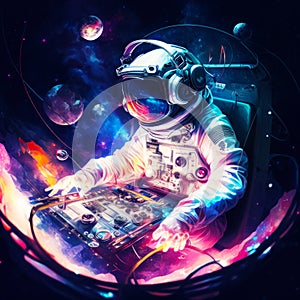 Man in space suit playing game on dj's mixer. Generative AI