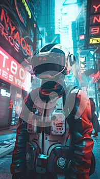 A man in a space suit standing on a city street. Generative AI image.