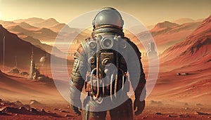 A man in a space suit stands on the barren, red surface of a distant planet