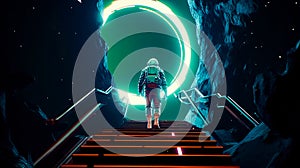 Man in space suit walking up flight of stairs towards green ring. Generative AI