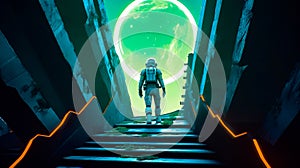 Man in space suit walking up some stairs to green planet. Generative AI