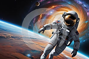 A man in spacesuit is flying through space