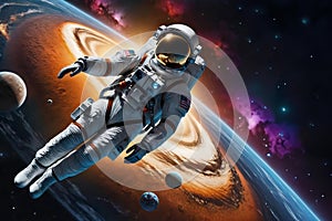 A man in spacesuit is flying through space
