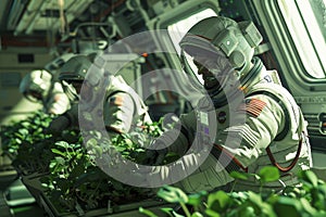A man in a spacesuit is tending to plants in a greenhouse with Generative AI