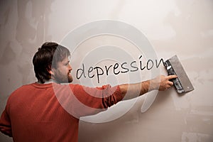 Man with a spatula deleting the word Depression