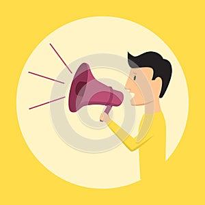 Man speaking through megaphone. Vector illustration