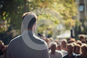 Man speaking to a crowd