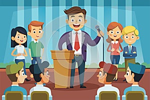 A man is speaking to a diverse group of individuals in a public setting, Public talk Customizable Cartoon Illustration