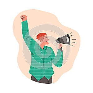 Man speaks into a megaphone, vector illustration isolated on white