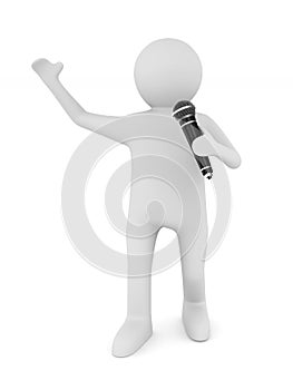 man speaks with microphone on white background. Isolated 3D illustration