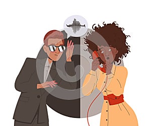 Man Special Agent Behind Wall Listening to Woman Speaking by Phone as Spying and Monitoring Vector Illustration