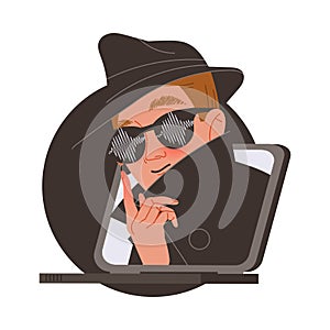 Man Special Agent in Black Hat and Sunglasses Peeking from Laptop Screen as Spying and Monitoring Vector Illustration