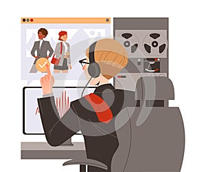 Man Special Agent at Computer Monitor with Headphones Watching People as Spying and Monitoring Vector Illustration