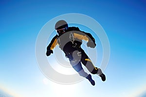 man in special uniform jumps with parachute, soars in air against background of sky, clouds.