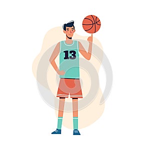 A man spins a basketball on his finger. Flat design concept with an athlete playing basketball. Basketball player vector