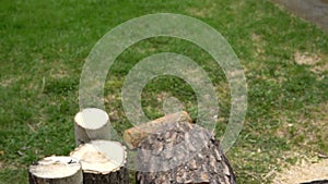 A man splitting a log with an axe.