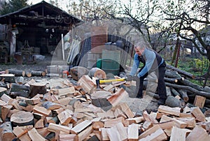 Man splitting wood with axe and maul