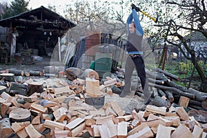 Man splitting wood with axe and maul