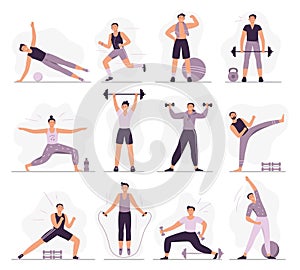 Man sport activities. Strong guy in sport outfit, athletic men trainings and healthy male workout vector illustration