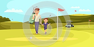 Man in Sport Suit with Golf Clubs Walking with Son photo