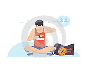 Man in sports shorts is sitting and looking at his watch. Vector illustration.