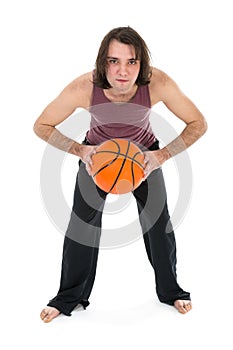 Man in sports wear playing basketball over white