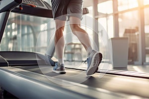 Man in sportswear exercising on treadmill machine. People running on a treadmill in the gym fitness club. Generative AI