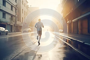 A man in sportswear goes for a morning jog on a city street in the sun.