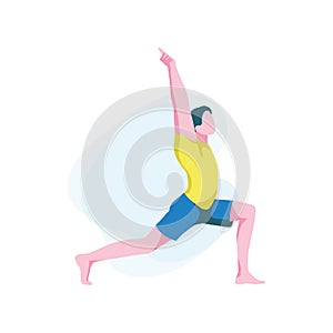 Man in sportswear practicing hatha yoga. Flexible guy doing warrior one pose.Male trainer demonstrating virabhadrasana 1