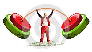 Man in sportswear raising abstract heave weight, barbell against white background. Creative conceptual collage. Growing