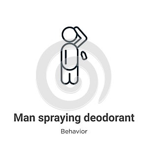 Man spraying deodorant outline vector icon. Thin line black man spraying deodorant icon, flat vector simple element illustration photo