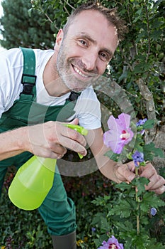 Man spraying flowers outdoors