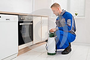 Man Spraying Pesticide In Kitchen Room