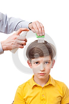 Man is sprinkling child head by anti-nits spray
