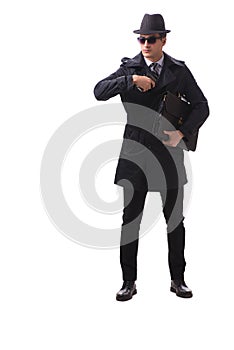 The man spy with handgun isolated on white background