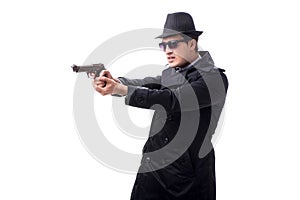 The man spy with handgun isolated on white background