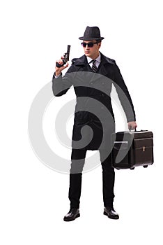 The man spy with handgun isolated on white background