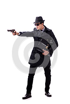 The man spy with handgun isolated on white background