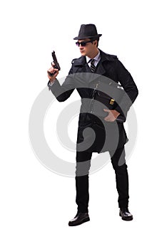 The man spy with handgun isolated on white background