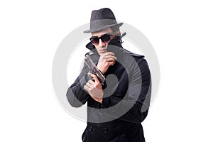 The man spy with handgun isolated on white background